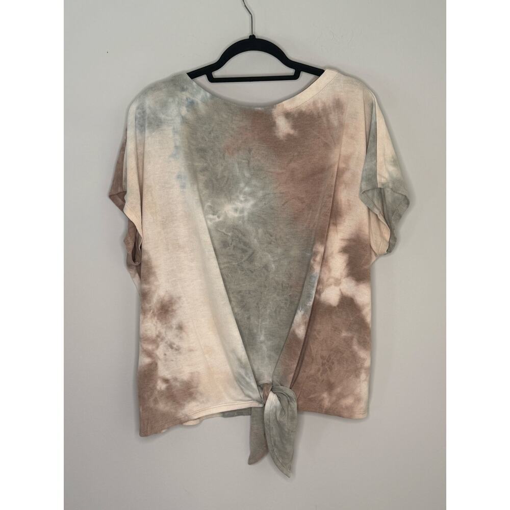Karen Kane Tess Boat Neck Drop Sleeve Tie Front Tie Die Cream Blue T-shirt 2X